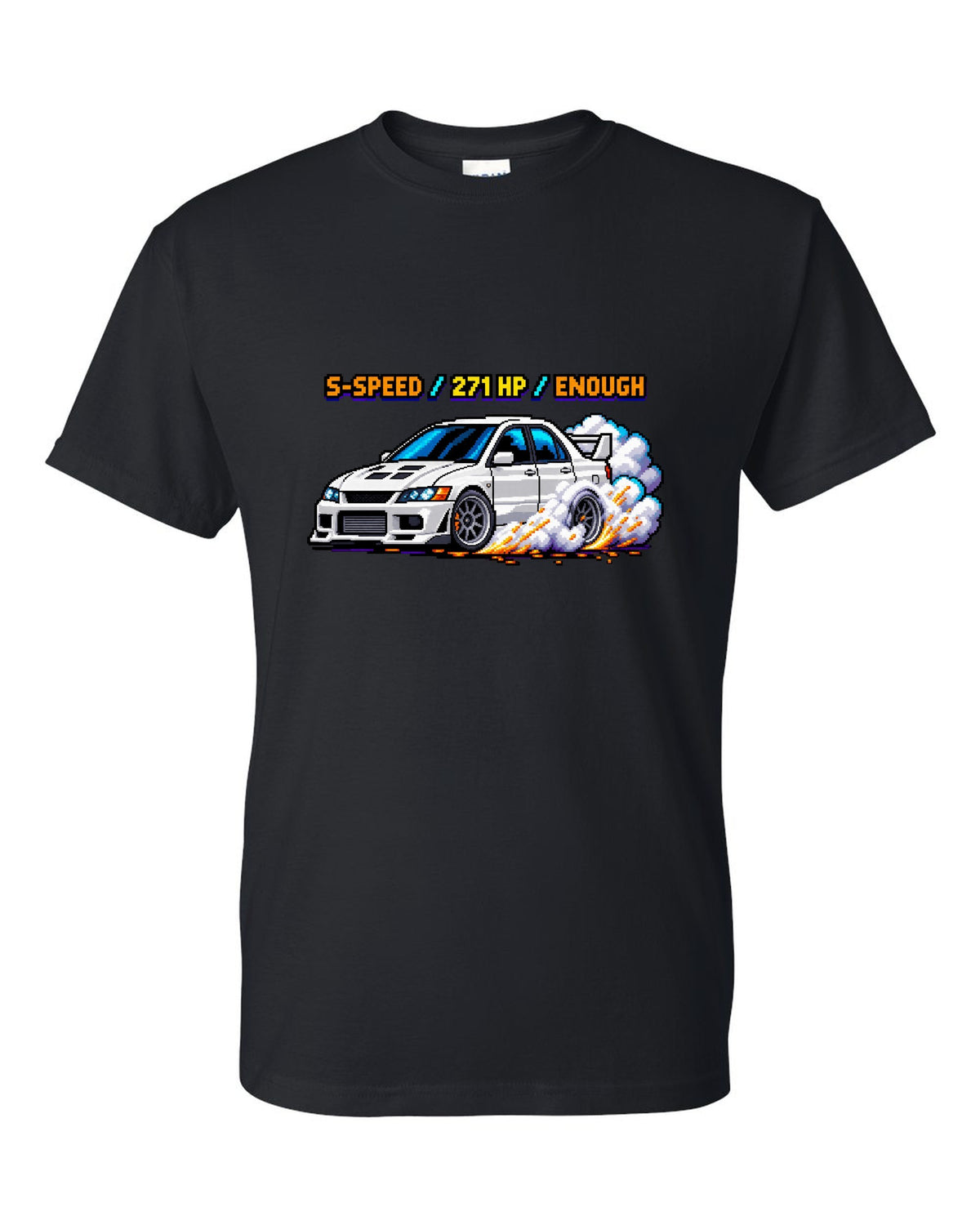 8-bit pixel art Mitsubishi Lancer Evolution VIII CT9A with launch control stats black t-shirt front view with the design