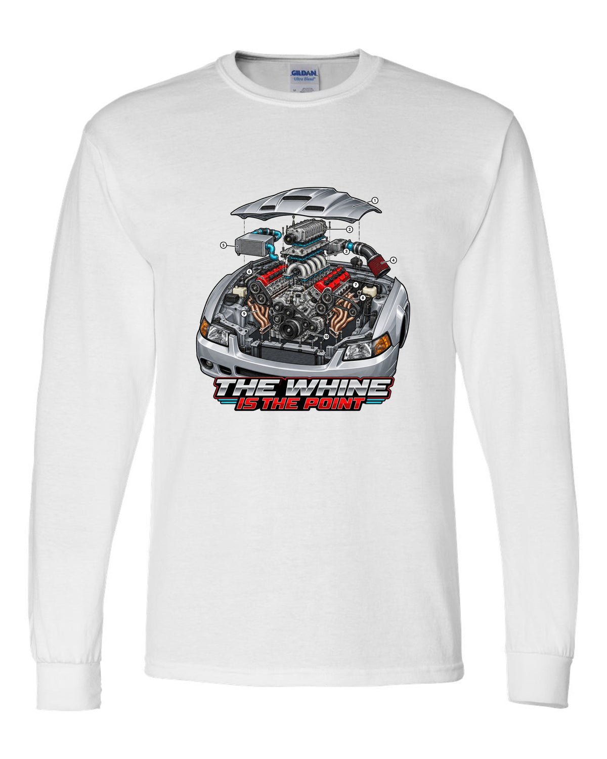 Exploded engine cutaway print of a supercharged Ford Mustang SN95 Terminator-spec white long sleeve front view with the design