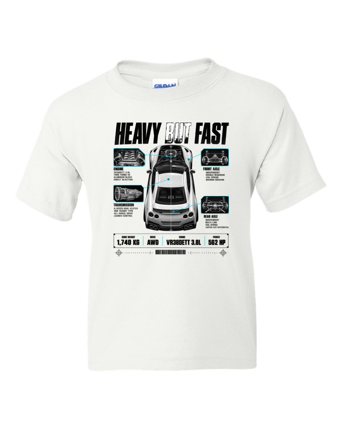 Top-down and profile spec poster of a Nissan GT-R R35 with 1,740 kg curb weight and VR38DETT lettering white kids tee front view with the design