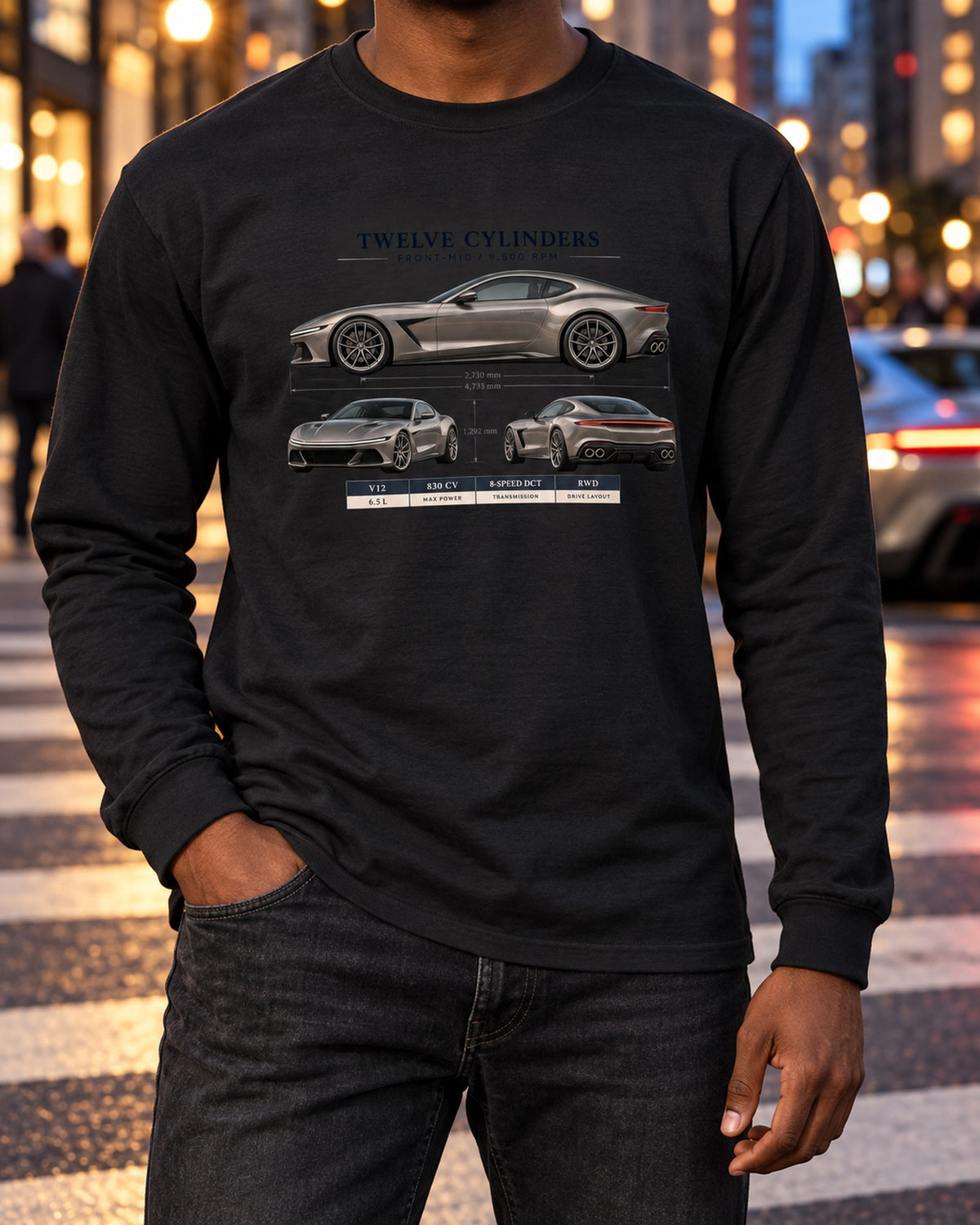 Ferrari 12Cilindri Three-View Spec Sheet Shirt, Car Guy Gift Long Sleeve Black worn hero