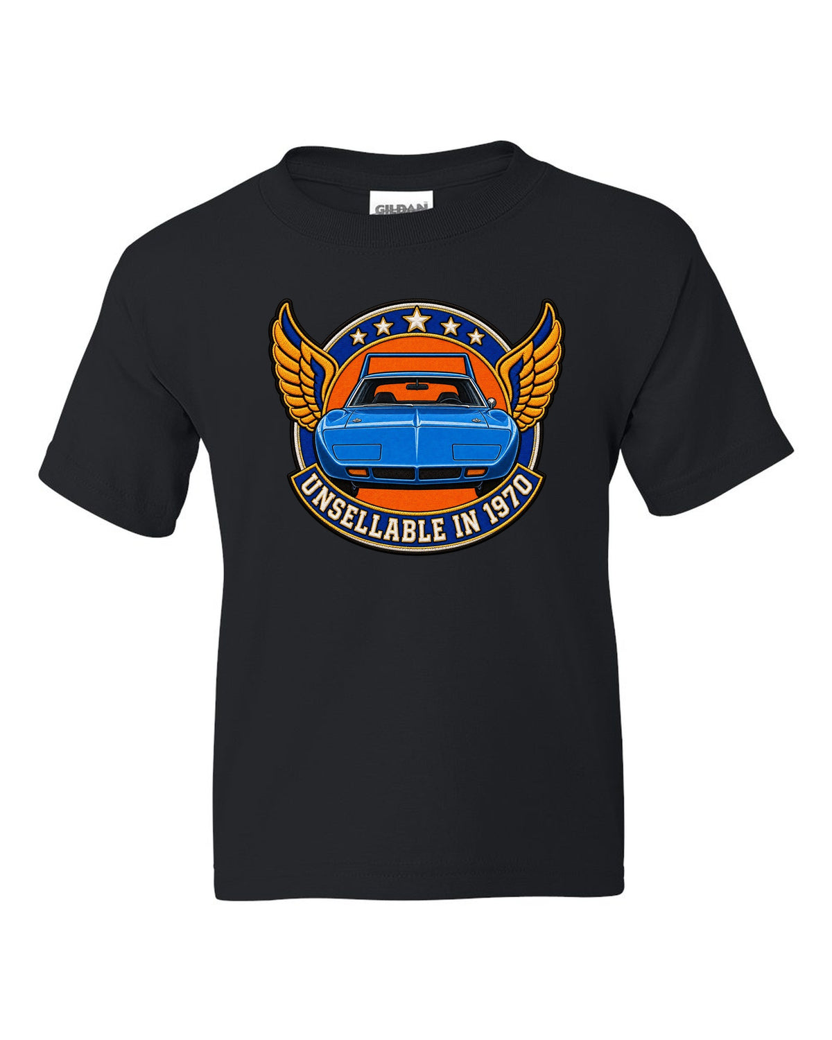 Embroidery-style varsity crest for the 1970 Plymouth Superbird with unsellable in 1970 text black kids tee front view with the design