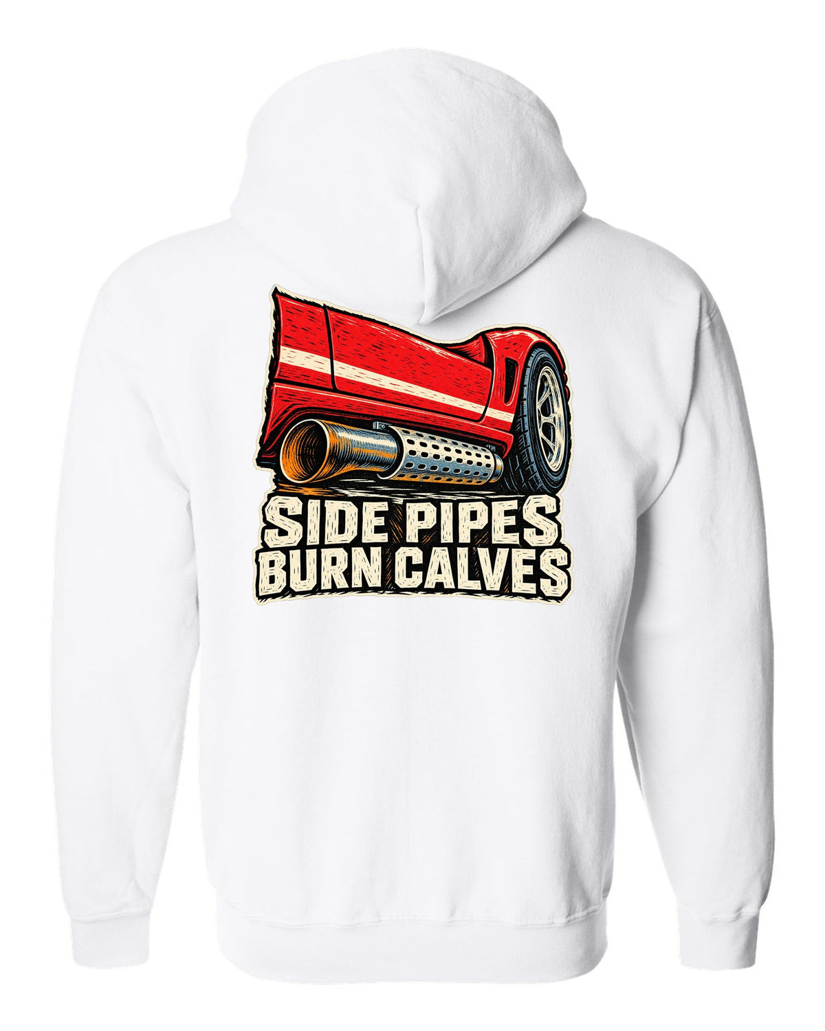 Dodge Viper RT/10 Side Pipe Linocut white zip hoodie back view with the design