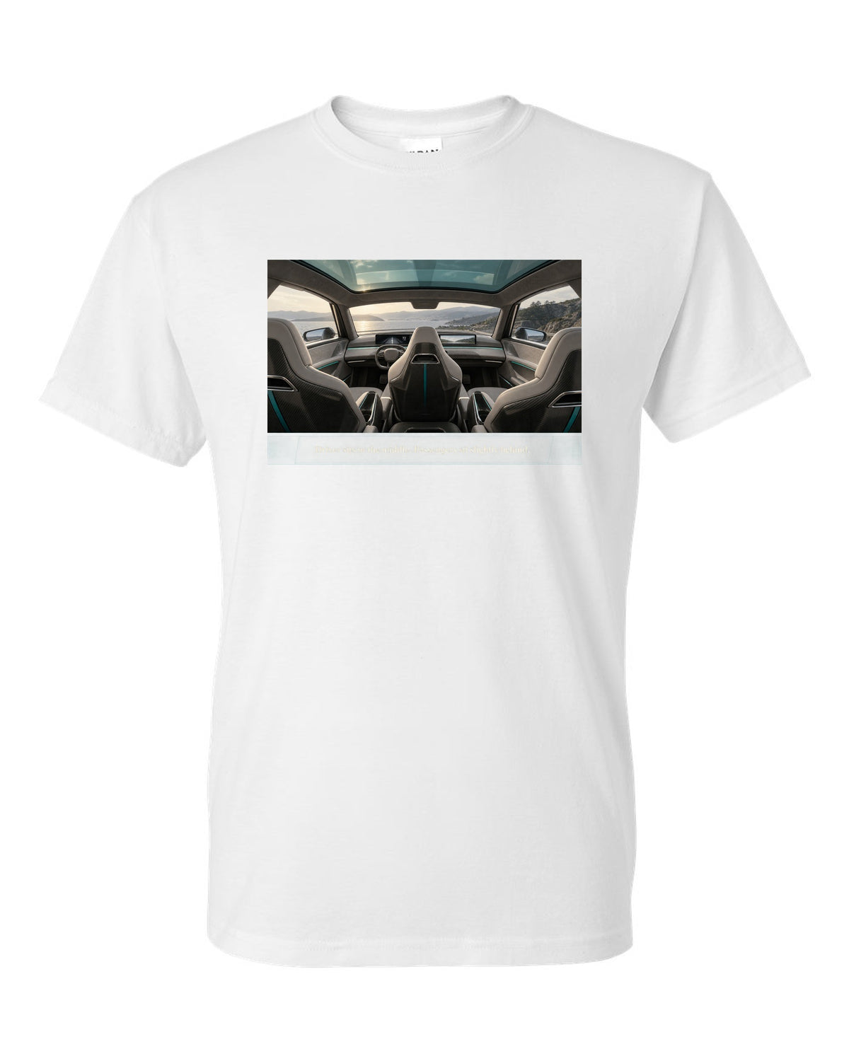 Cockpit print of a McLaren Speedtail interior with a centre driving seat white t-shirt front view with the design