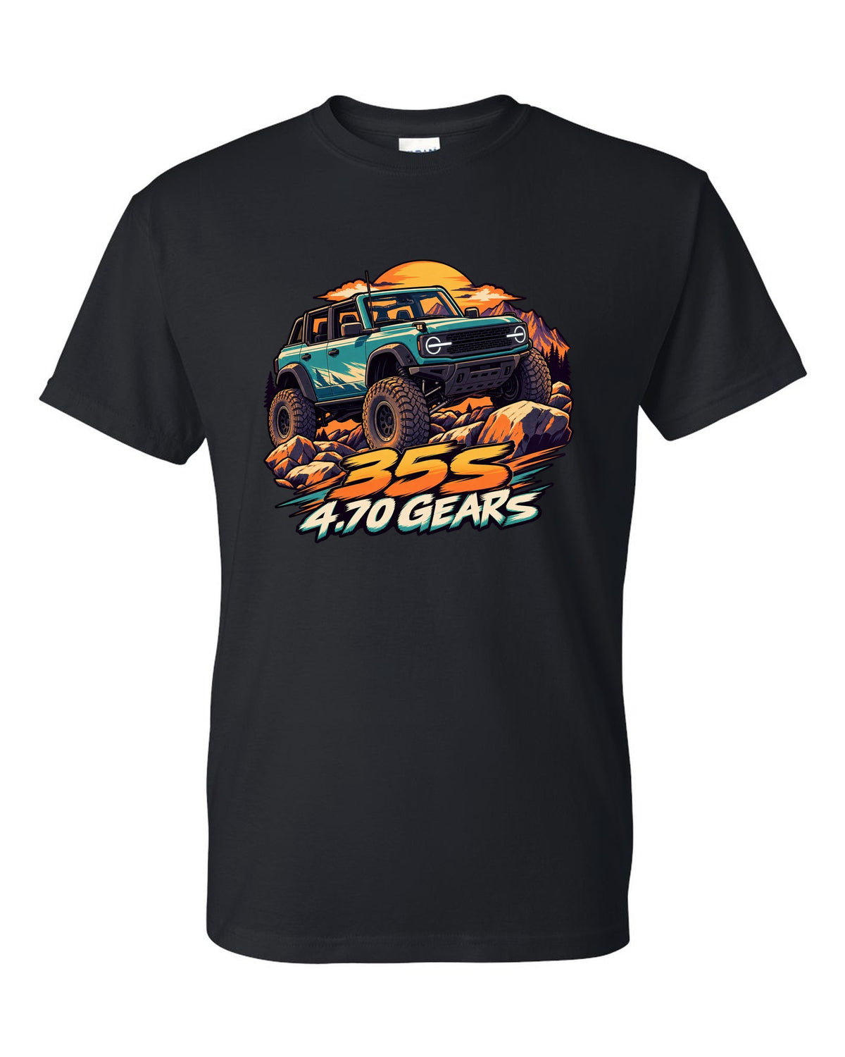 Ford Bronco 6G four-door Sasquatch in a cel-shaded anime print black t-shirt front view with the design