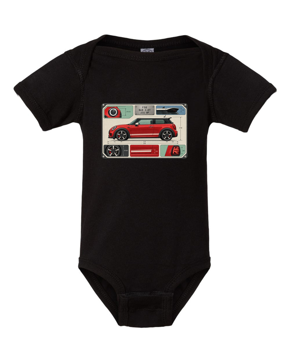 Spec-sheet data plate for the Mini JCW F56 with B48 2.0T and 231 HP black baby onesie front view with the design