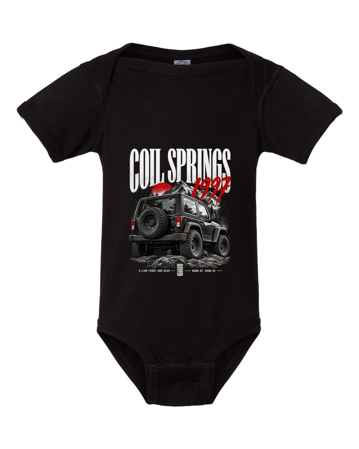 Editorial print for the Jeep Wrangler TJ, coil springs 5-link Dana 30 and Dana 44 black baby onesie front view with the design