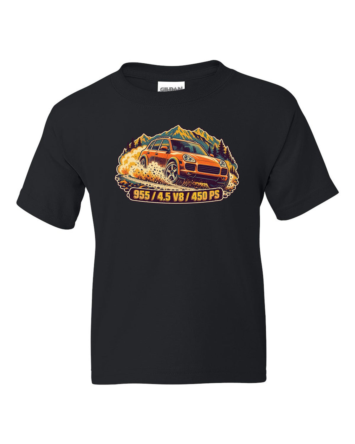 Retro manga halftone print of a Porsche Boxster Spyder 981 taillight with the text 981, 3.8 and 375 PS black kids tee front view with the design