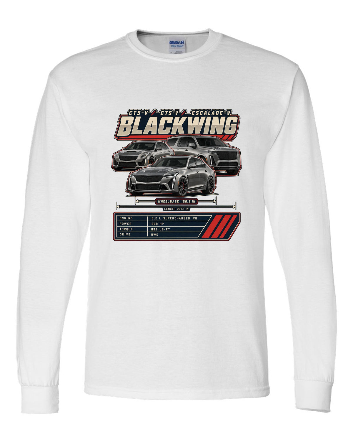 Spec poster print of a Dodge Charger SRT Hellcat Redeye Widebody white long sleeve front view with the design