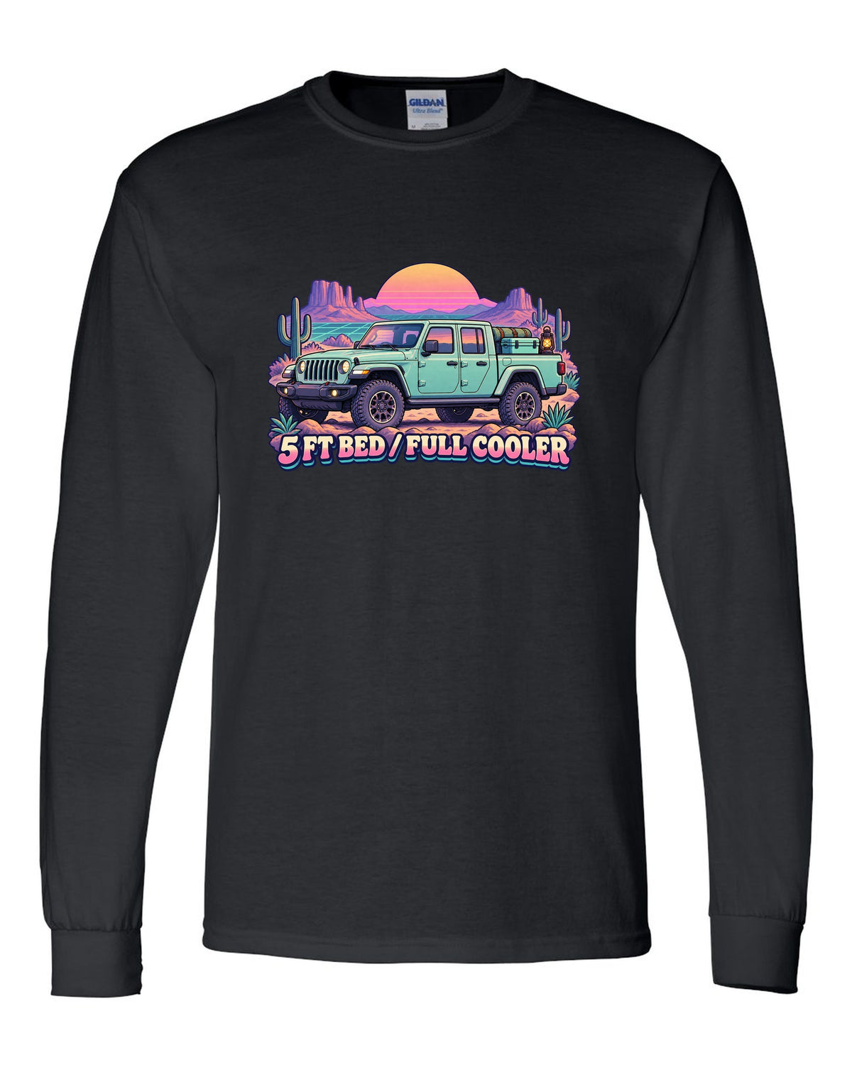 Vaporwave pastel print of a Jeep Gladiator JT in a desert camp with cooler text black long sleeve front view with the design