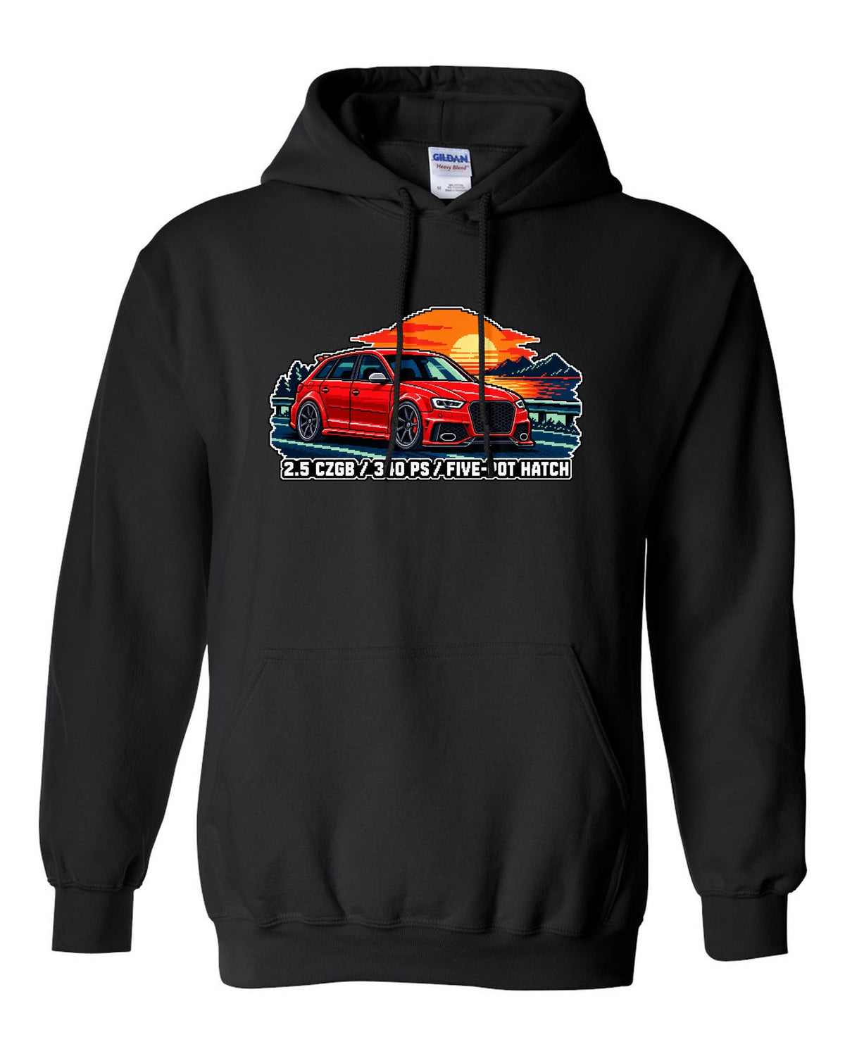 16-bit pixel art print of an Audi RS3 Sportback 8P with 2.5 CZGB text black pull over hoodie front view with the design