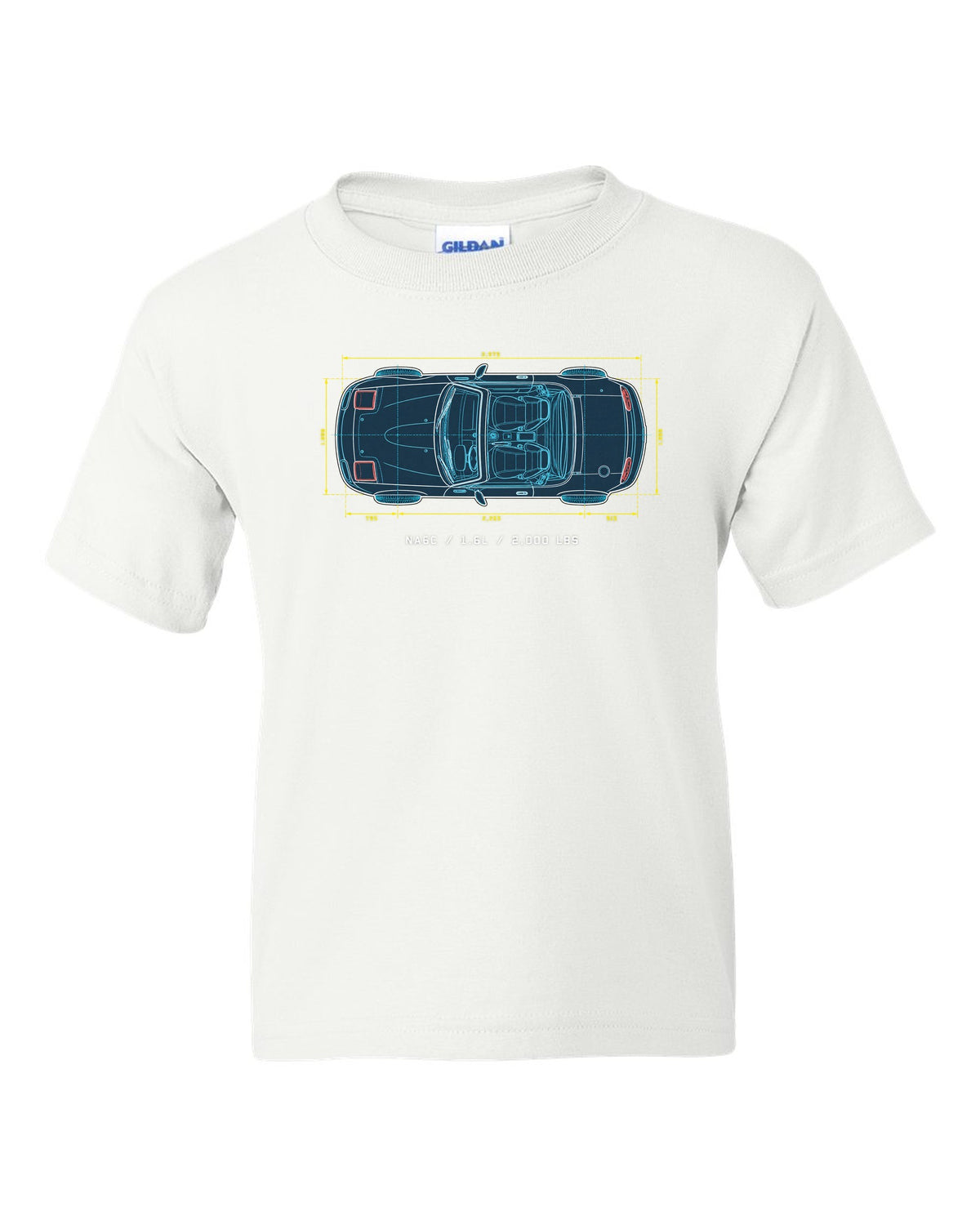 Technical blueprint line art of the Mazda MX-5 NA6C with 1.6L and 2,000 lbs text white kids tee front view with the design