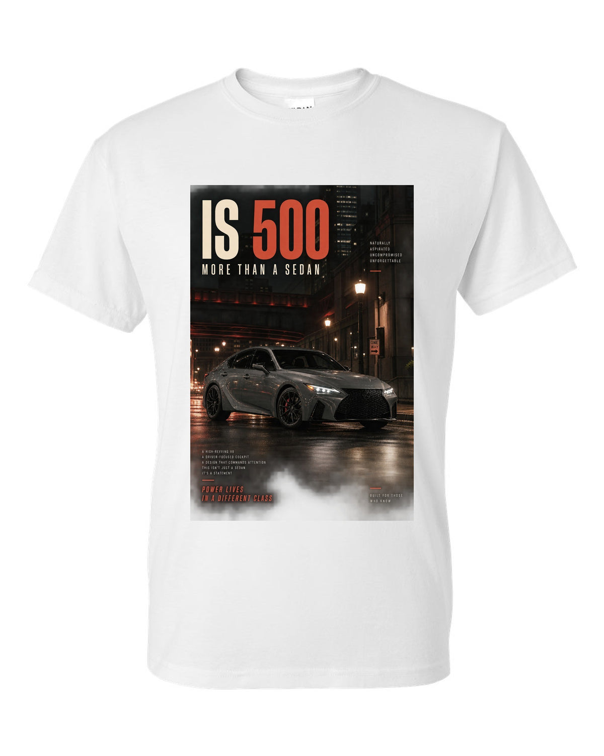 Halftone print of the Lexus IS 500 with 5.0 V8 text white t-shirt front view with the design