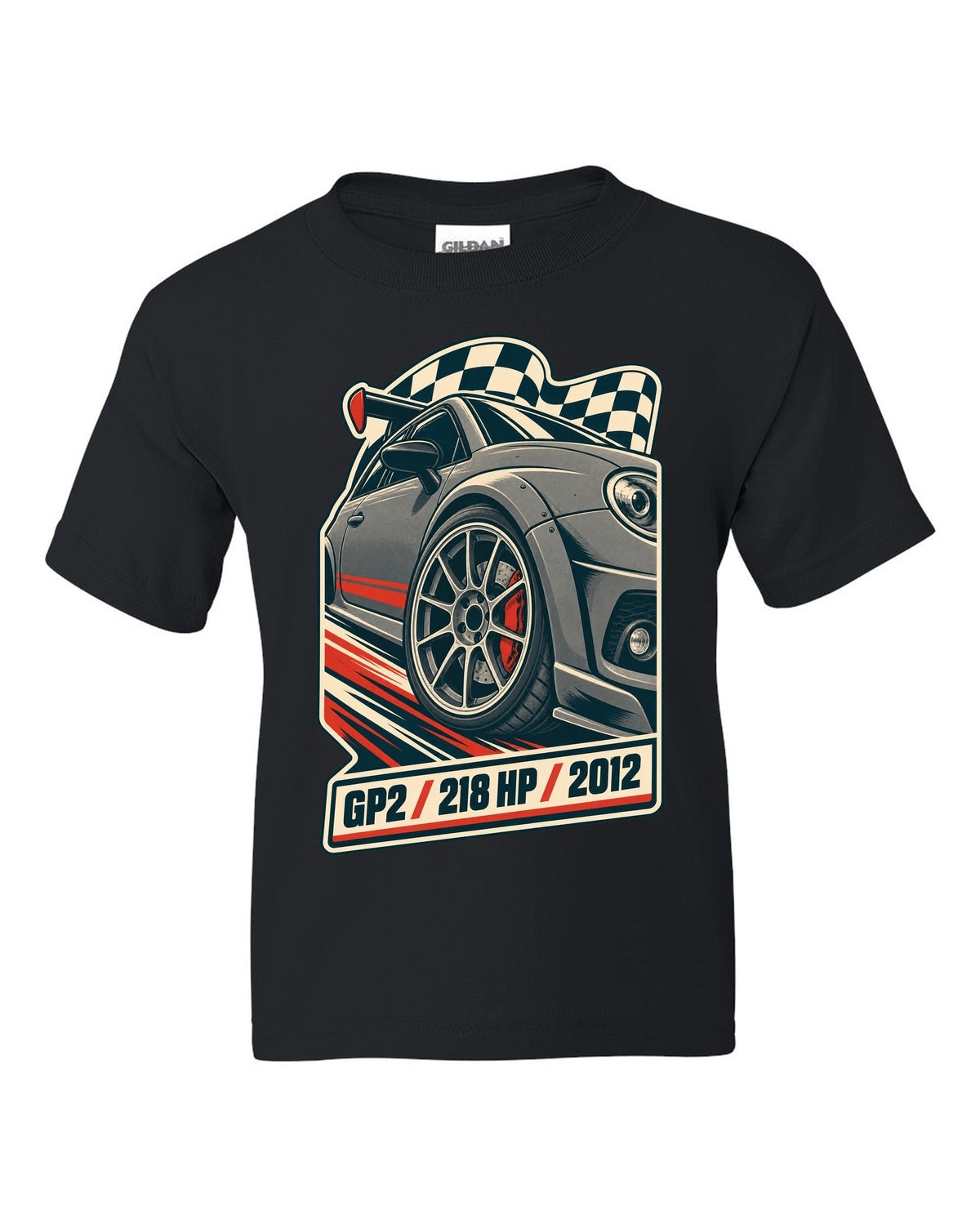 Vintage race poster of the Mini Cooper GP2 R56 with 218 HP and 2012 text black kids tee front view with the design