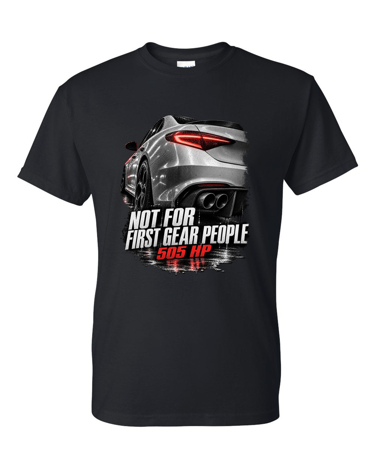 Taillight macro print of an Alfa Romeo Giulia Quadrifoglio with 505 HP text black t-shirt front view with the design