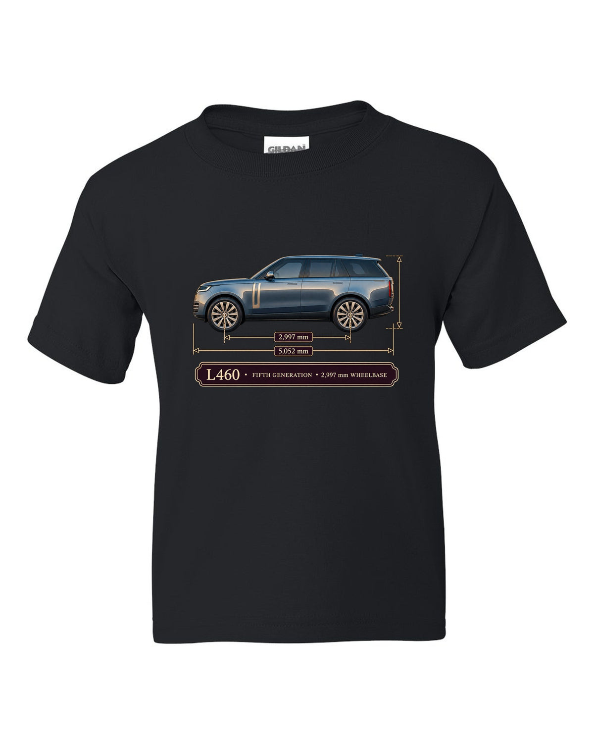 Dimension blueprint print of the Range Rover L460 fifth generation with wheelbase black kids tee front view with the design