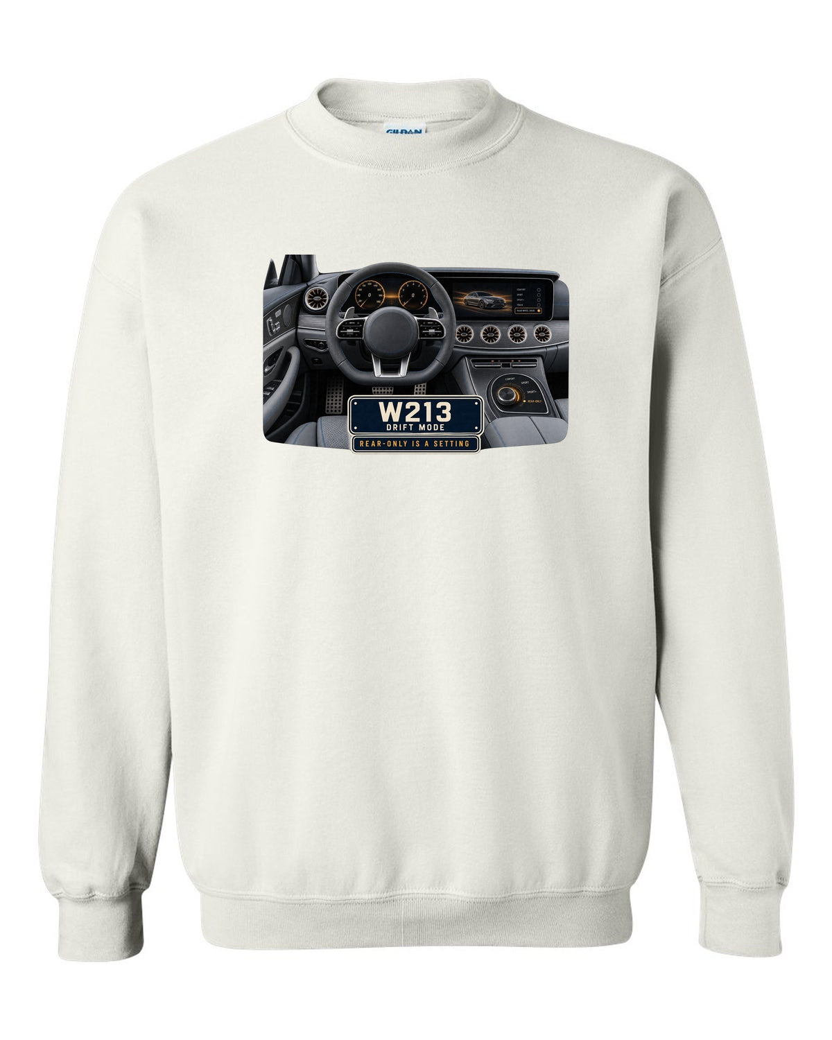 Cockpit and gauge print of a Mercedes-AMG E63 S W213 interior with drift mode white crewneck front view with the design