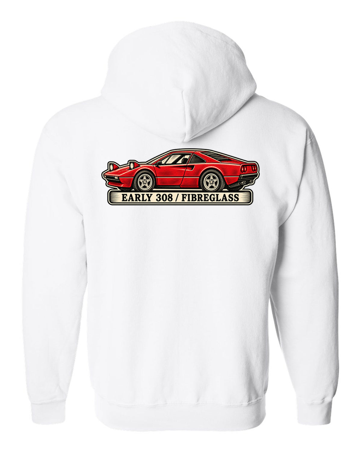 Linocut woodcut style print of an early 1975 Ferrari 308 GTB with the text early 308 fibreglass white zip hoodie back view with the design