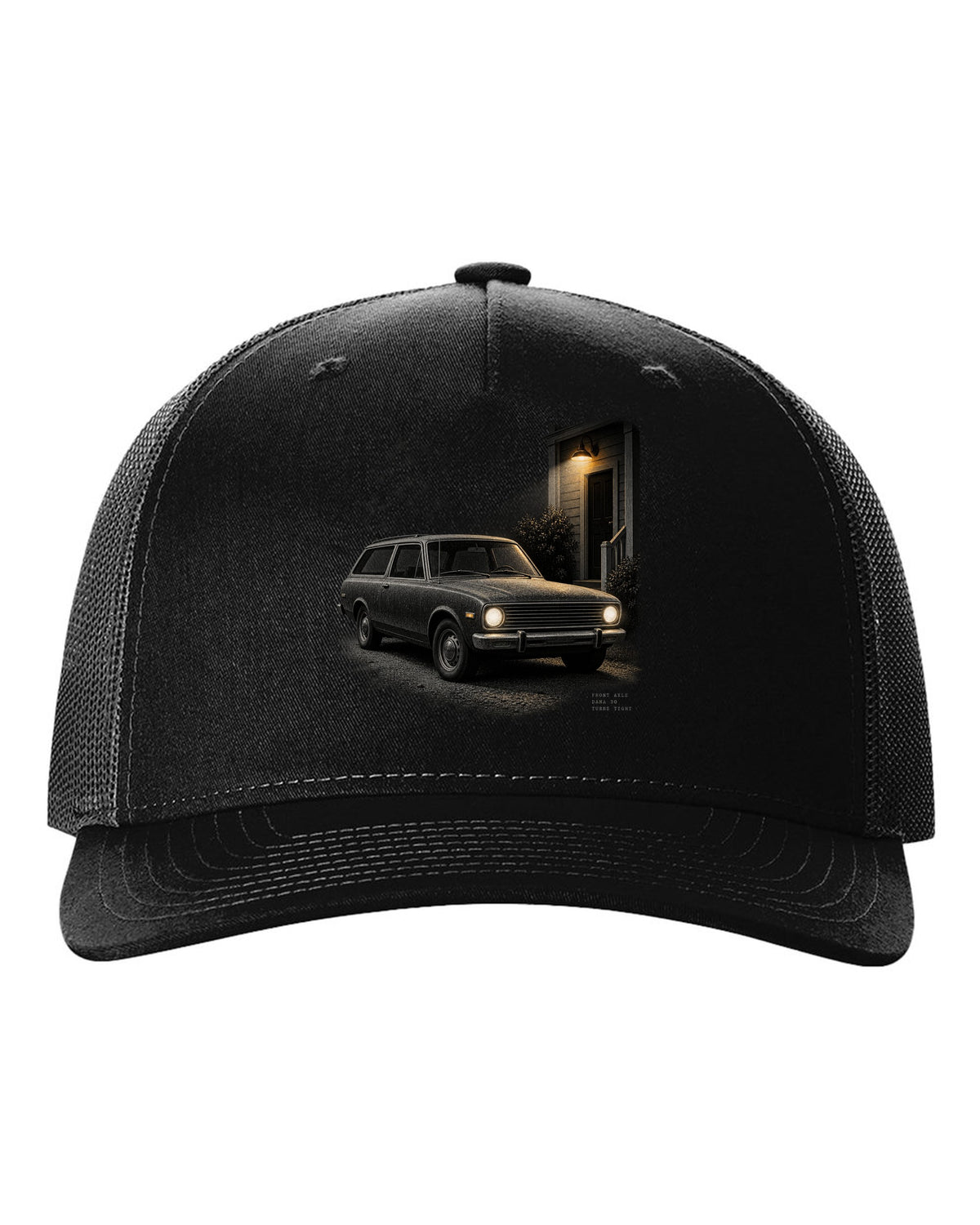 Night print of a 1966-77 early Ford Bronco U15 with Dana 30 front axle text black hat front view with the design