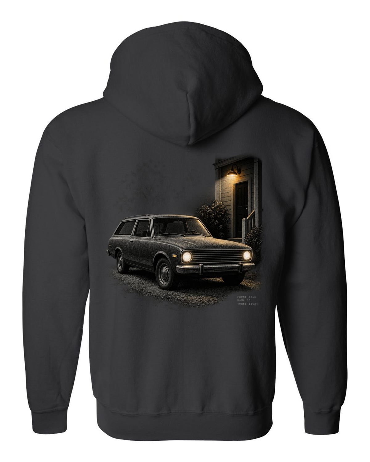 Night print of a 1966-77 early Ford Bronco U15 with Dana 30 front axle text black zip hoodie back view with the design