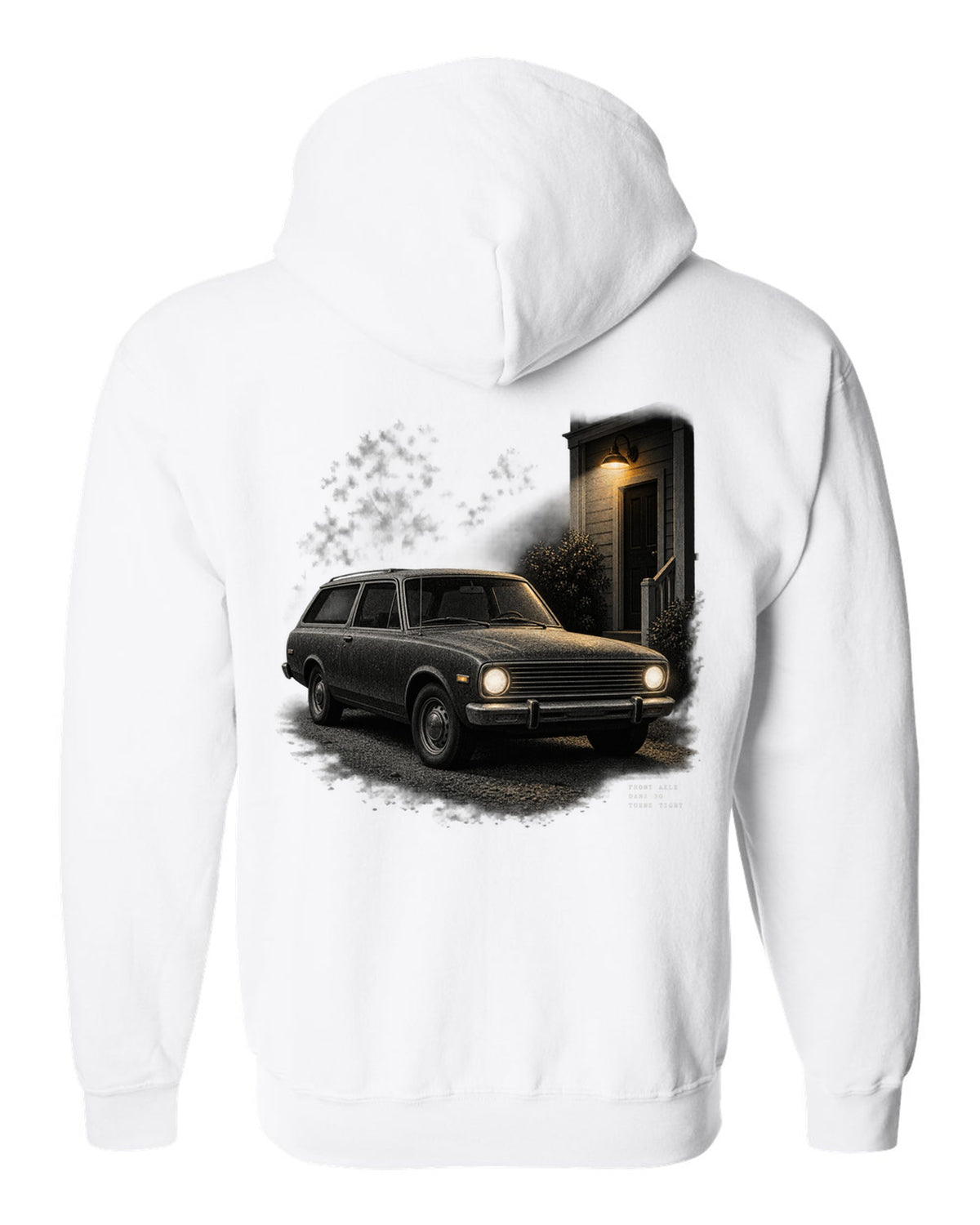 Night print of a 1966-77 early Ford Bronco U15 with Dana 30 front axle text white zip hoodie back view with the design