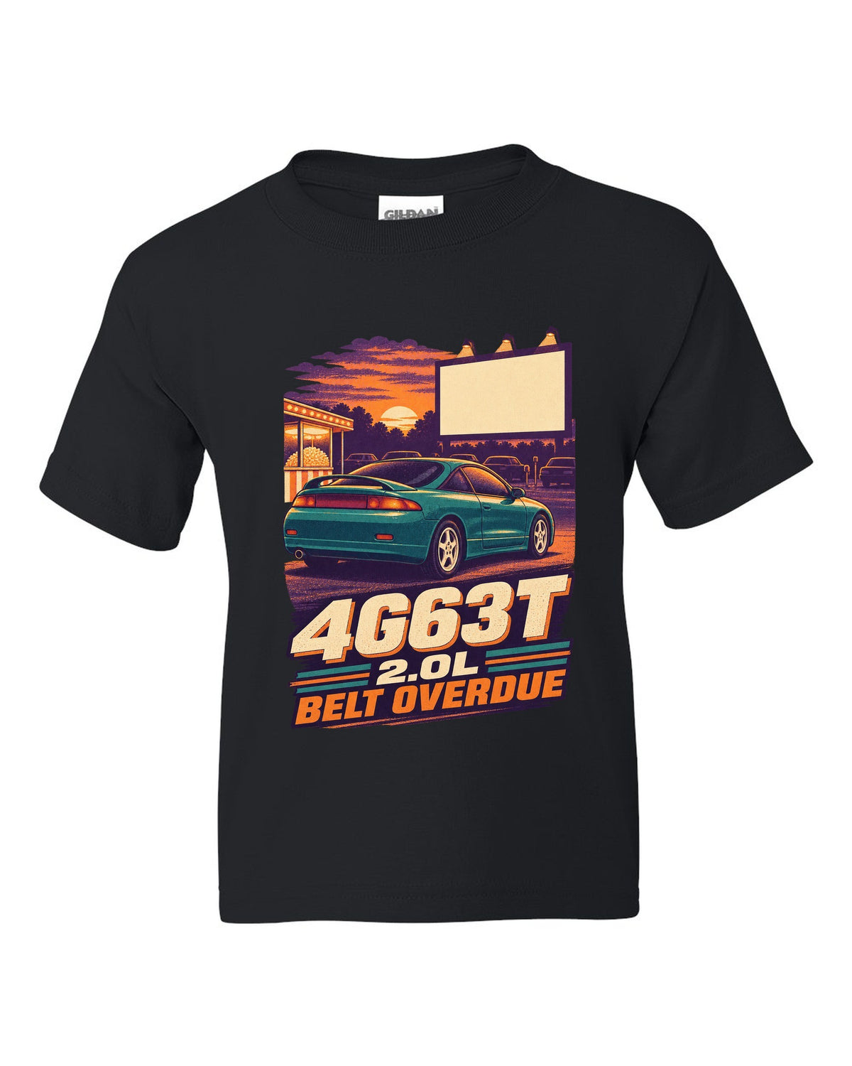 Vintage race-poster lithograph print of a Mitsubishi Eclipse 2G with 4G63T 2.0L belt overdue lettering black kids tee front view with the design