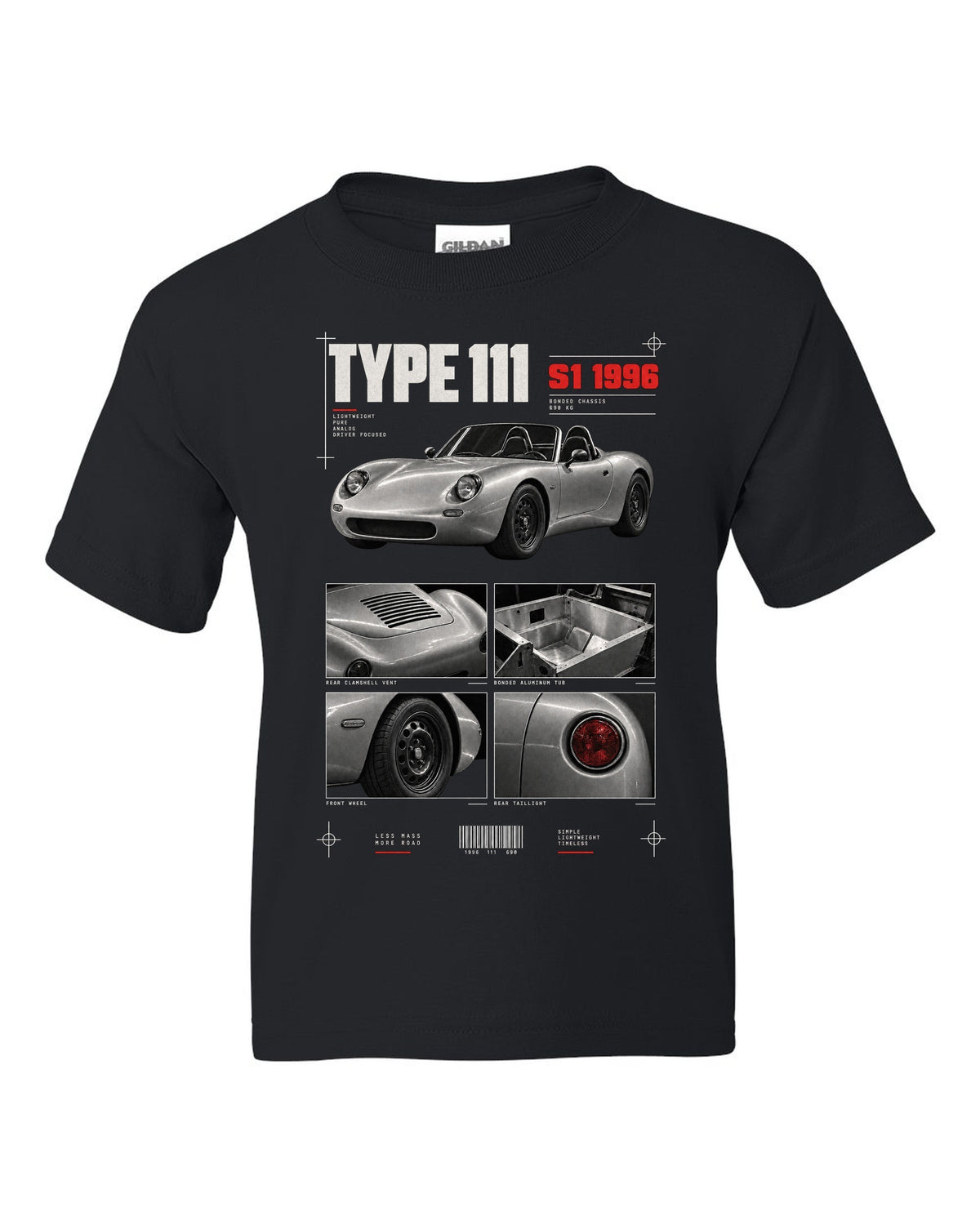 Dossier panel print of a 1996 Lotus Elise S1 Type 111 with bonded aluminium chassis black kids tee front view with the design
