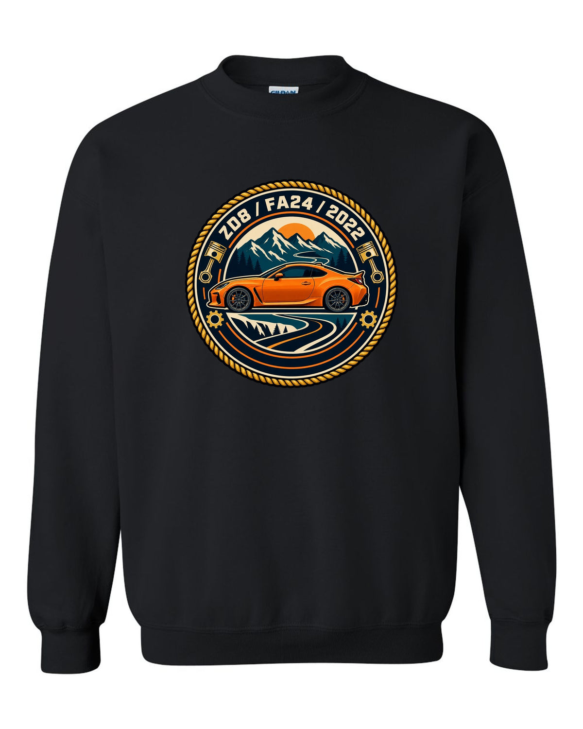 Subaru BRZ ZC6 tS in pastel vaporwave style, ZC6 / FA20 black crewneck front view with the design