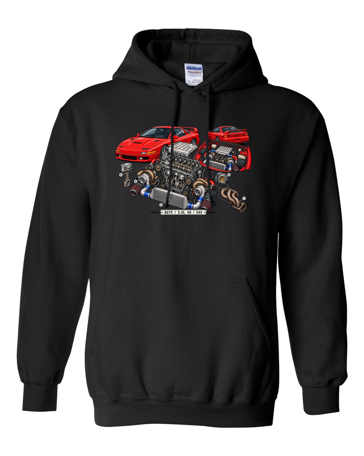 Exploded engine cutaway print of the 6G72 V6 for the Mitsubishi 3000GT VR-4 with 3.0L 24V text black pull over hoodie front view with the design