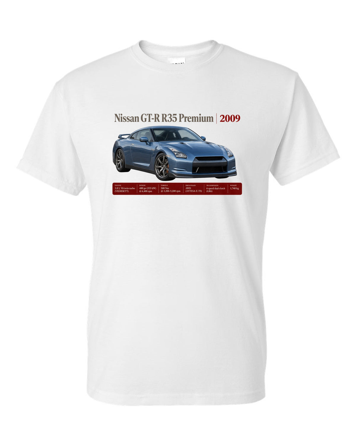 Nissan GT-R R35 2009 Premium archive panel poster white t-shirt front view with the design