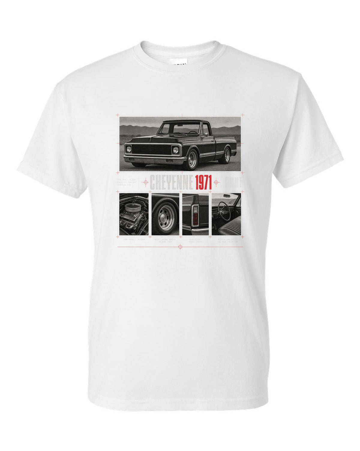 Dossier panel print of a 1971 Chevrolet C10 Cheyenne with 350 small block text white t-shirt front view with the design