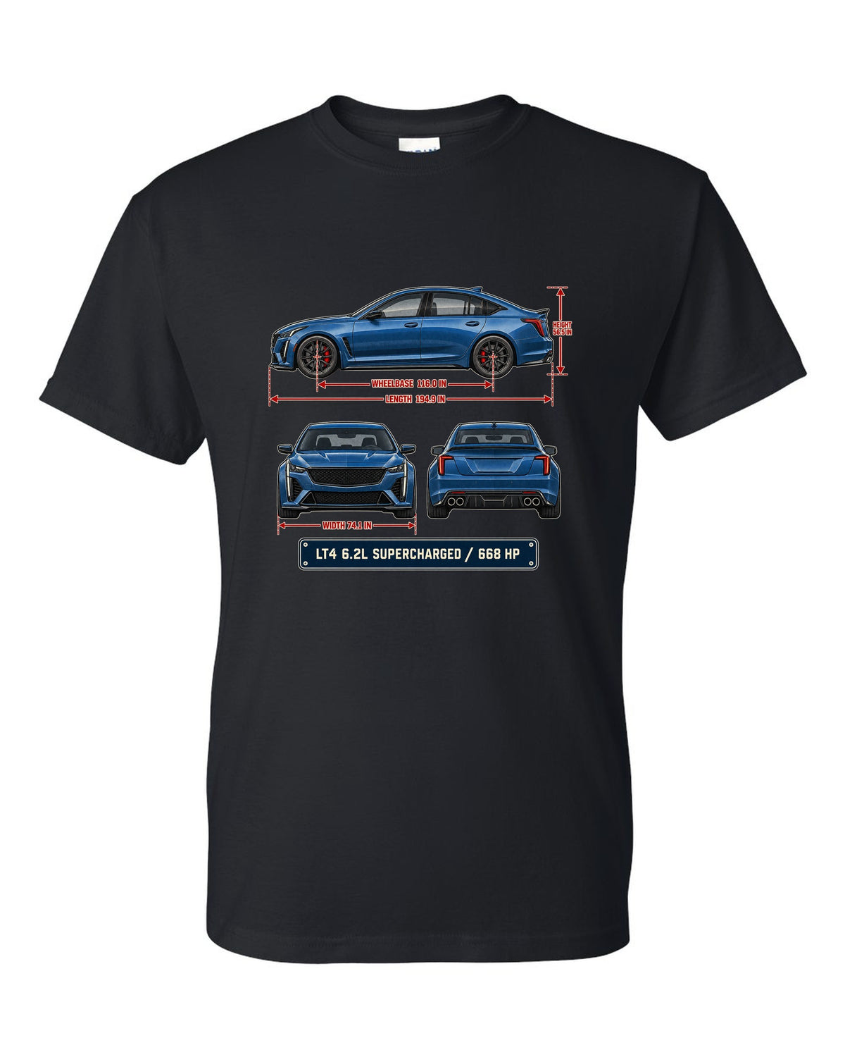 Dimension blueprint print of a Cadillac CT5-V Blackwing sedan black t-shirt front view with the design