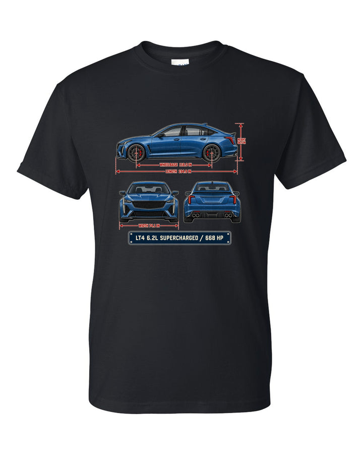 Dimension blueprint print of a Cadillac CT5-V Blackwing sedan black t-shirt front view with the design