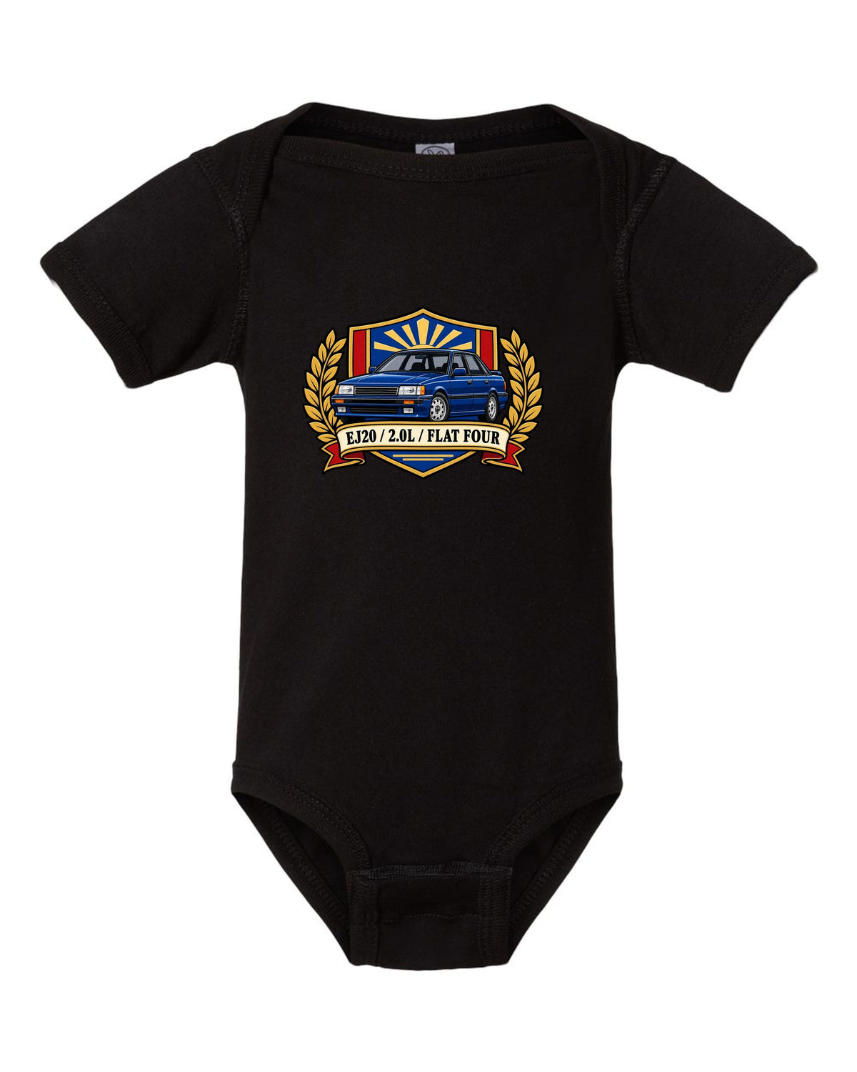 Shield crest design for a Subaru Legacy BC5 RS with EJ20 2.0L flat four text black baby onesie front view with the design