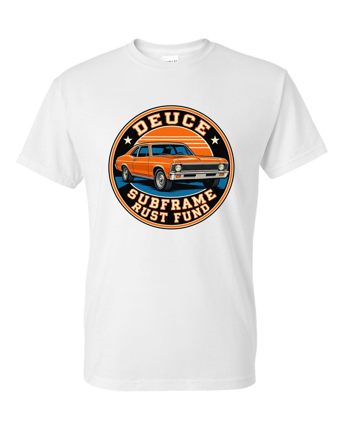 1968 Nova X-body in a round varsity crest with text Deuce Subframe Rust Fund white t-shirt front view with the design