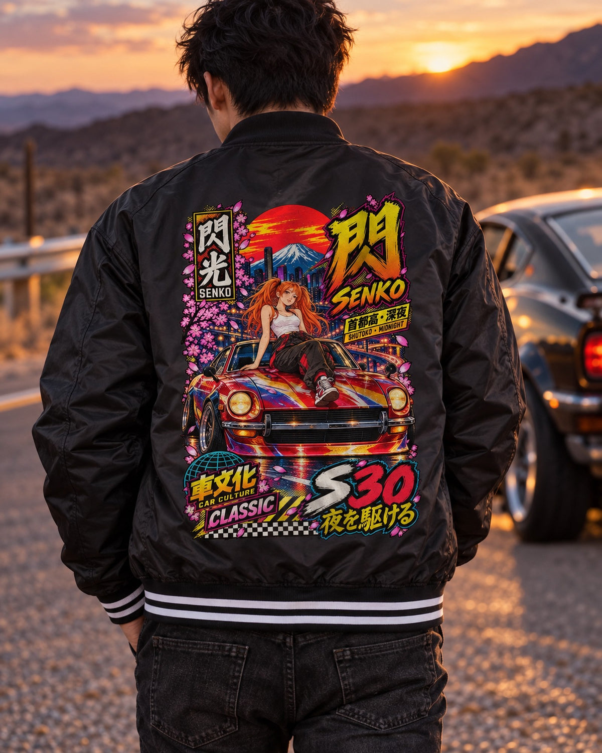 SENKO S30 Anime Girl Full-Back Graphic Tee Bomber Jacket Black worn hero
