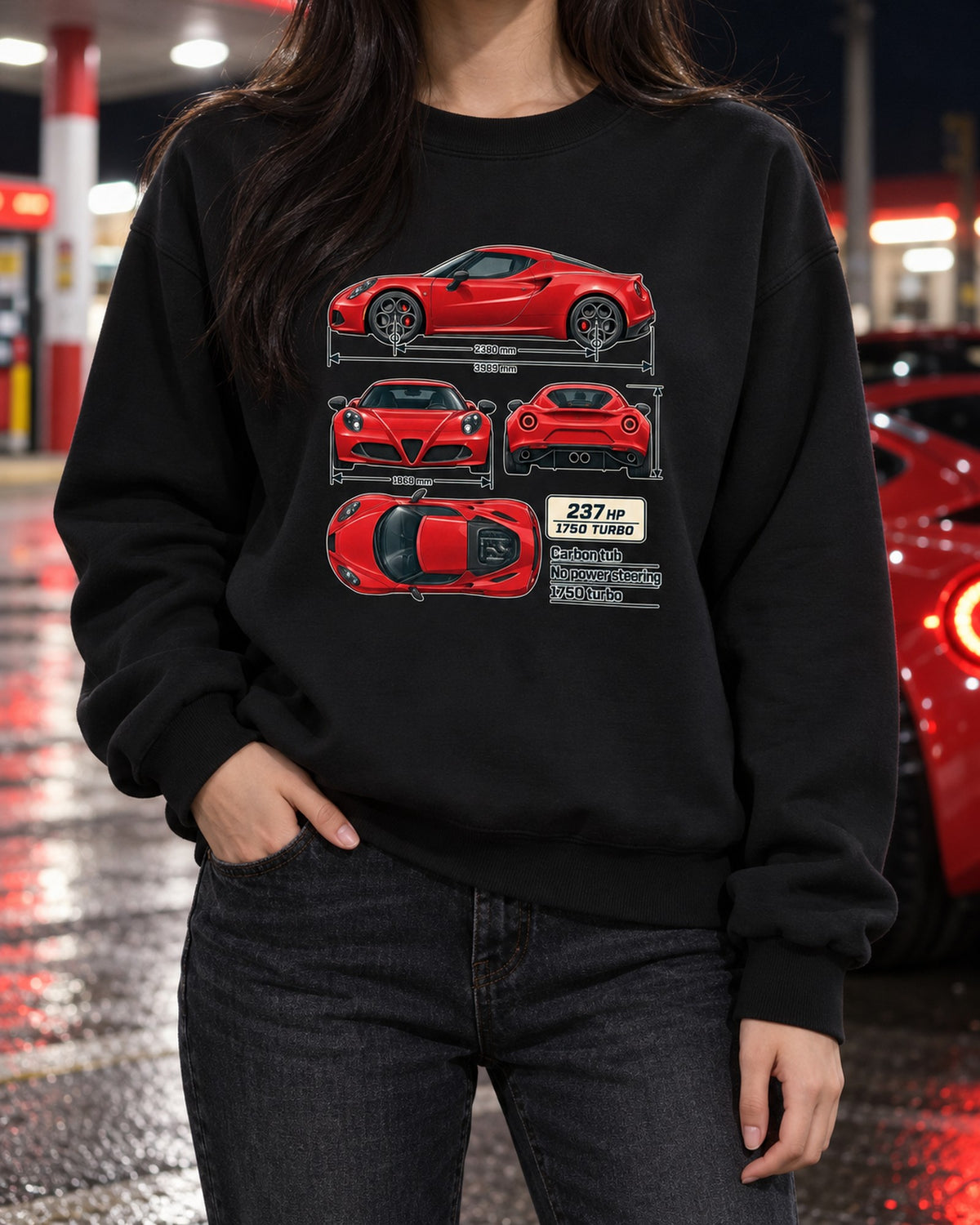Alfa Romeo 4C Coupe Dimension Blueprint Shirt, Car Guy Gift Crewneck Black worn hero