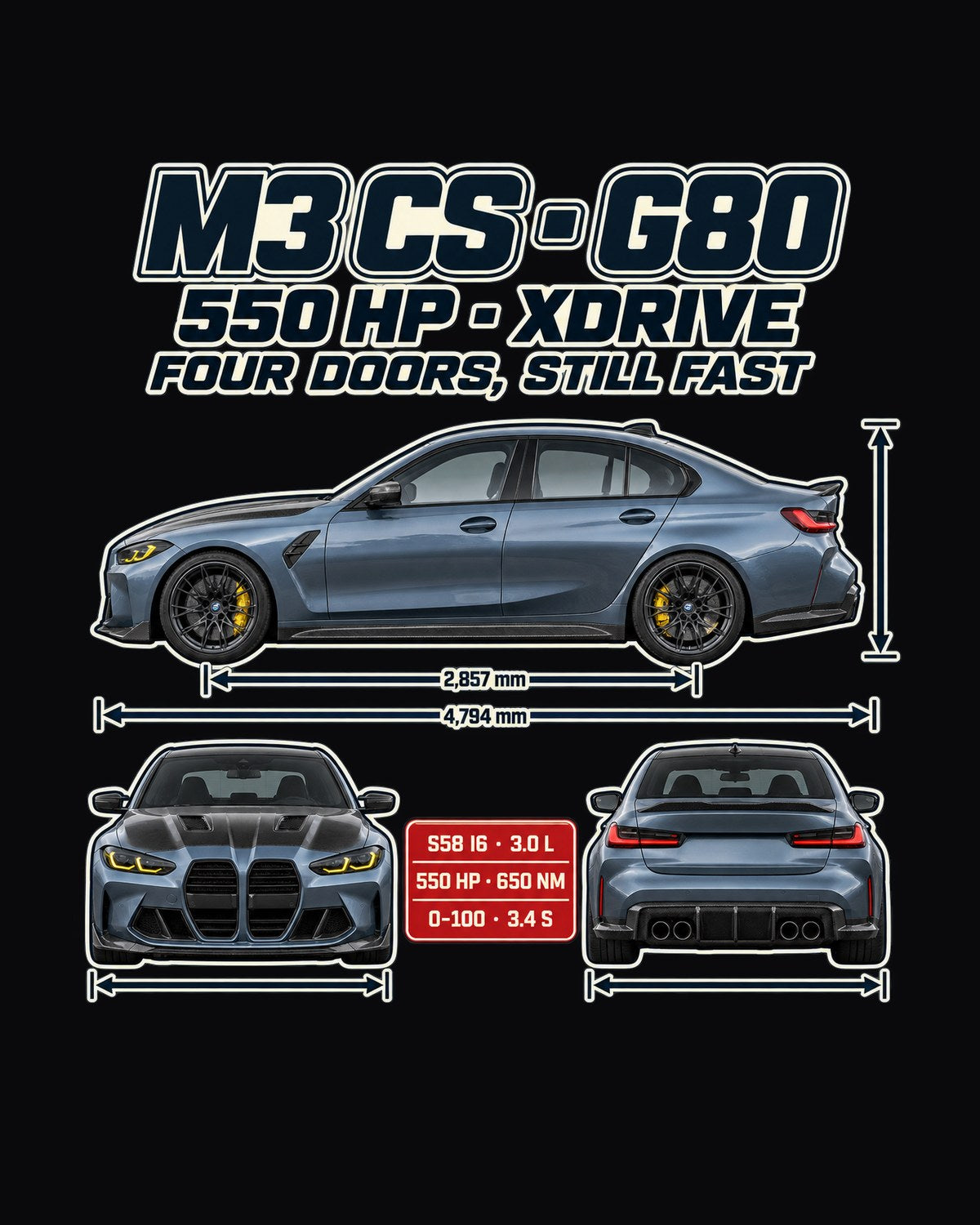 G80 BMW M3 CS Spec Poster Shirt, xDrive Sedan Gift design only