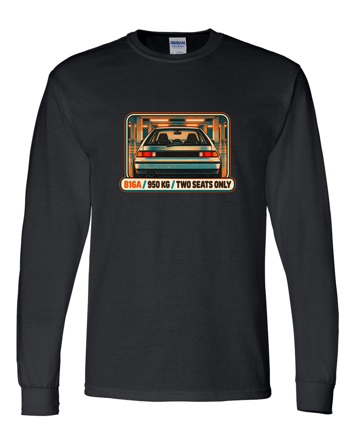 Grunge stencil print of a Honda NSX-R with No A/C No Stereo lettering black long sleeve front view with the design