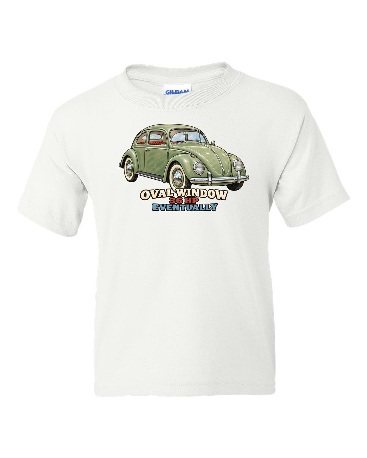 Gouache painted print of a 1956 VW Beetle Type 1 oval window with 36 HP lettering white kids tee front view with the design