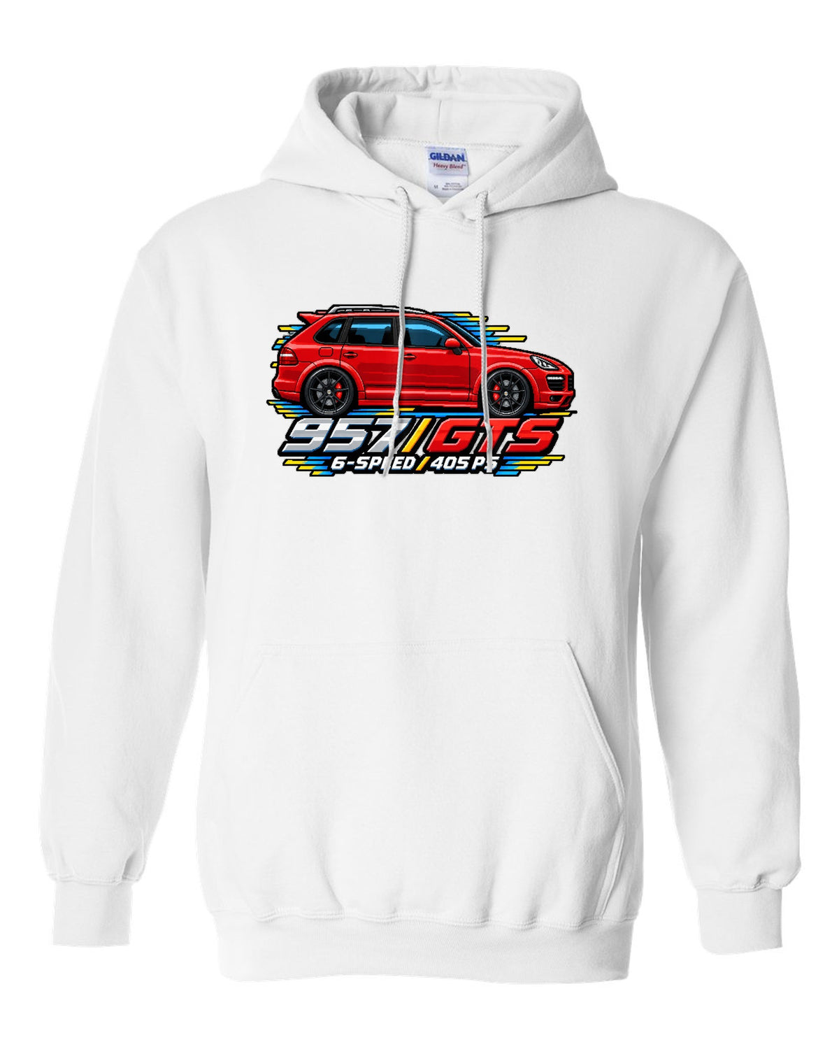 16-bit pixel art design of the Porsche Cayenne GTS 957 with 6-speed and 405 PS lettering white pull over hoodie front view with the design