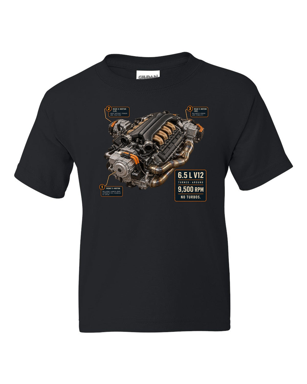 Engine hero print of the Lamborghini Revuelto L545 V12 black kids tee front view with the design