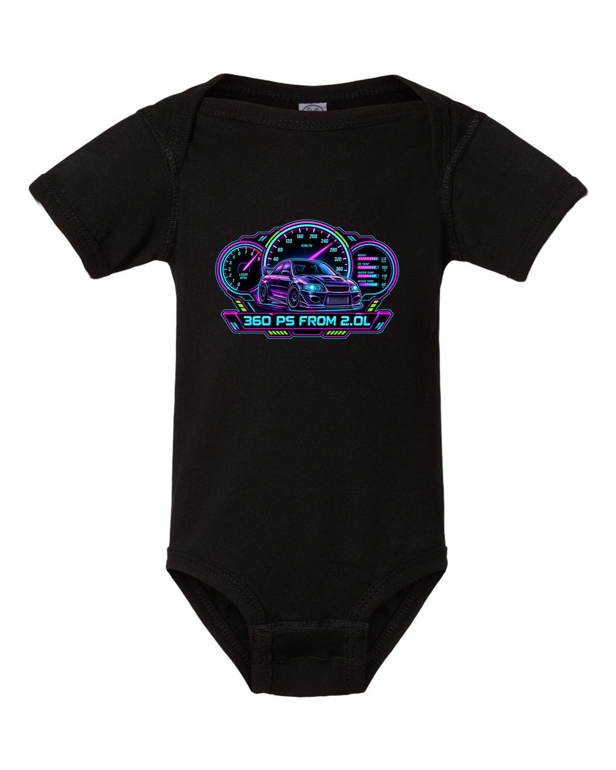 Neon cyberpunk gauge cluster print for the Mitsubishi Evo IX CT9A with 360 PS from 2.0L text black baby onesie front view with the design