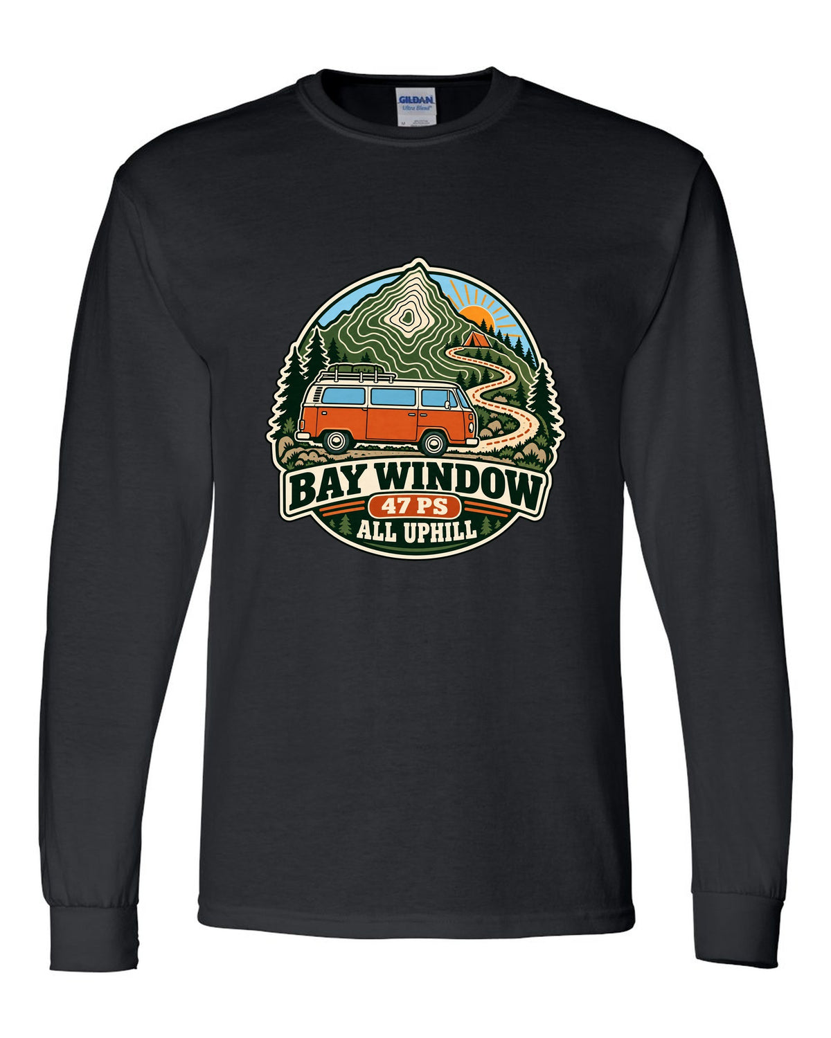 Topographic route map style print of a VW Bus T2 Bay Window with 47 PS all uphill text black long sleeve front view with the design