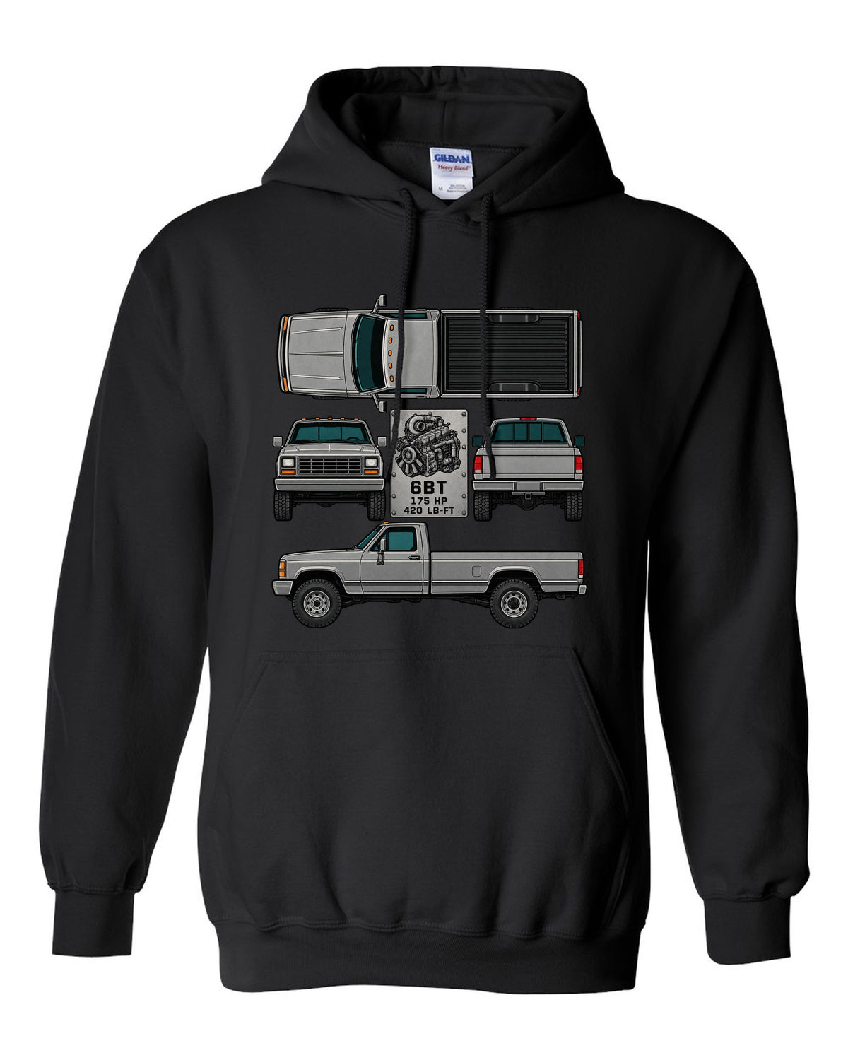 Spec-sheet data plate print of a Dodge Ram D250 6BT Cummins with horsepower and torque black pull over hoodie front view with the design