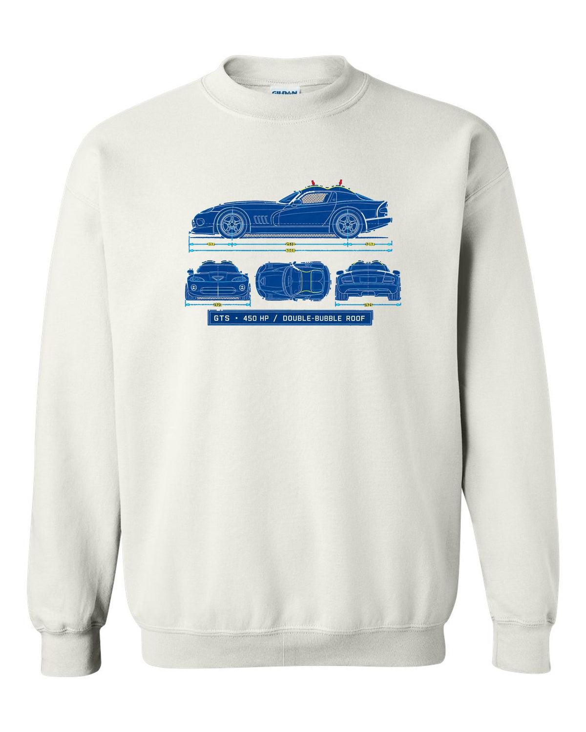 Cyanotype blueprint print of a 1996 Dodge Viper GTS SR II with double-bubble roof text white crewneck front view with the design