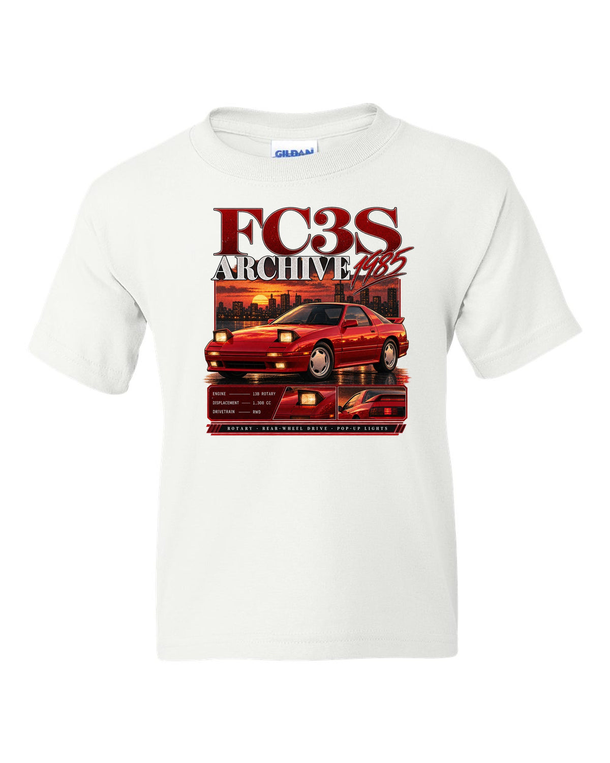 Archive panel print of a Mazda RX-7 FC3S with 13B rotary specs white kids tee front view with the design