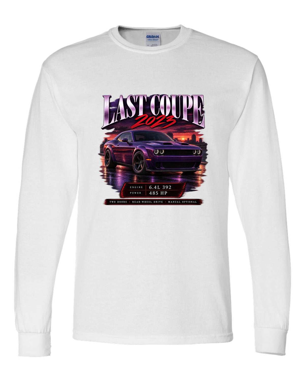 2023 Dodge Challenger Scat Pack Widebody archive panel print with last coupe lettering white long sleeve front view with the design