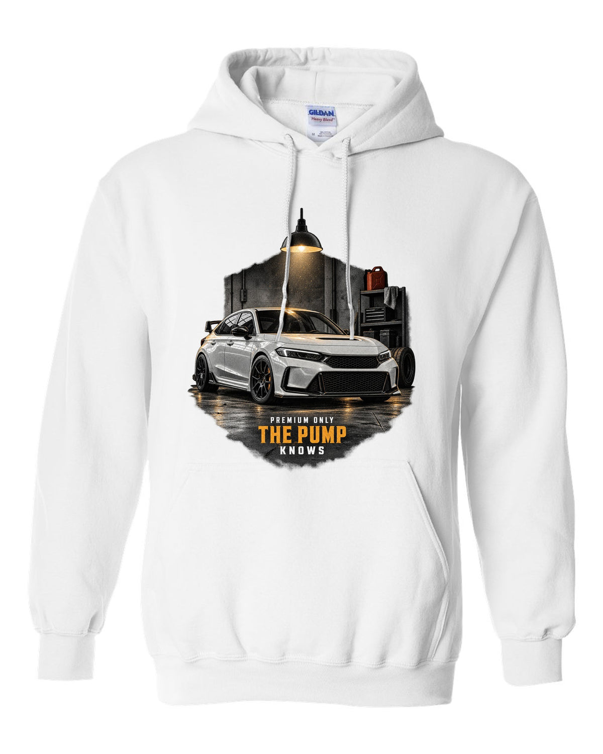 Honda Civic FL5 chback garage night design with premium only 98 octane text white pull over hoodie front view with the design