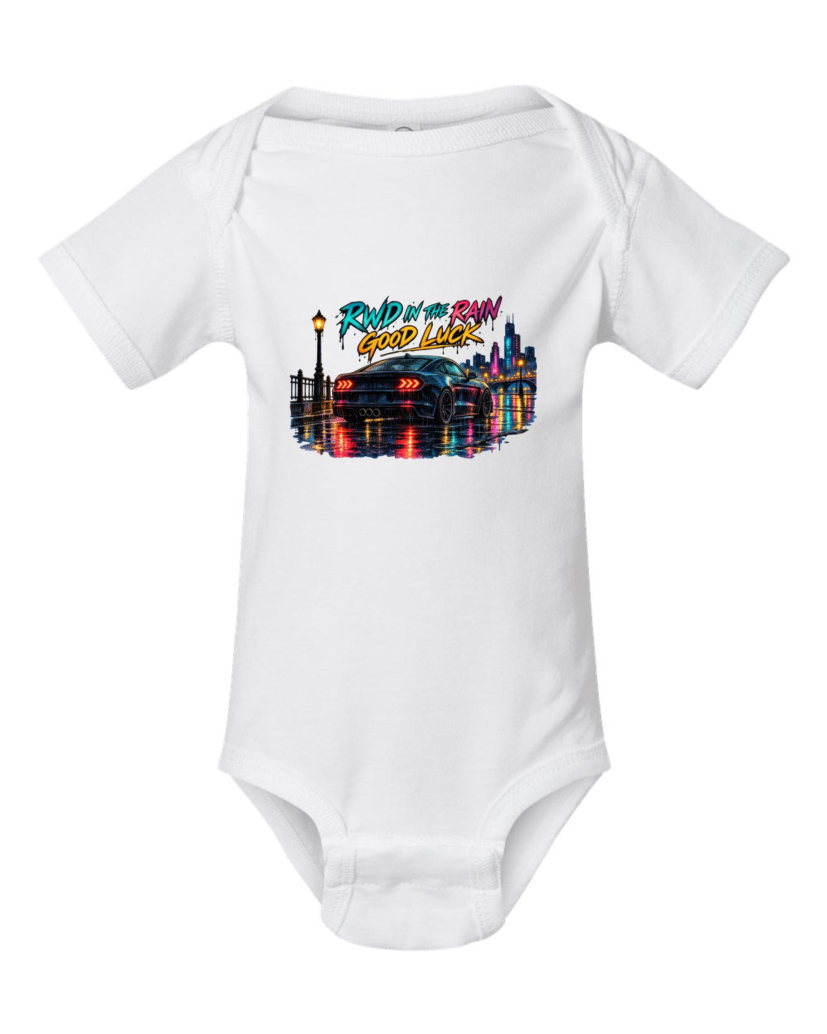 Hyundai Genesis Coupe BK2 watercolour wet road night print with RWD in the rain text white baby onesie front view with the design