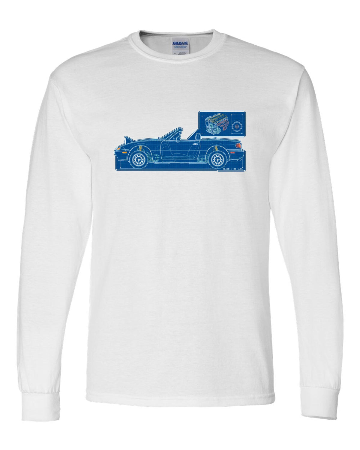 Sticker-bomb collage of a Mazda MX-5 NC rear with MZR 2.0 167 HP text white long sleeve front view with the design